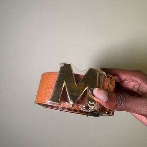 MCM Men’s Gold 'M' Buckle Tan Leather Belt